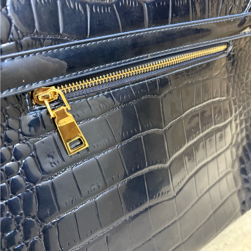 Blue Croc Embossed Satchel with Gold-Tone Hardware - Picture 13 of 16